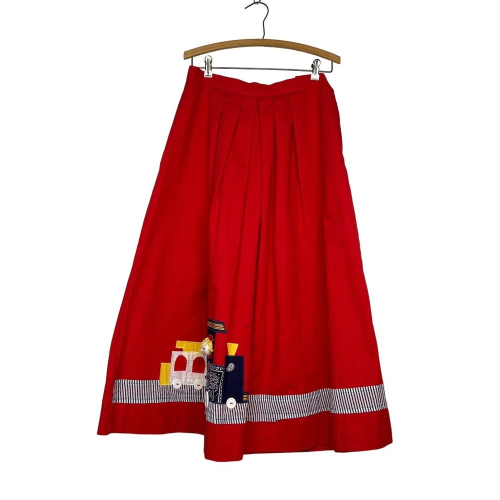 Vintage Handmade The Frog Pond Red Full MIDI Skirt Locomotive Train Doll Appliqu